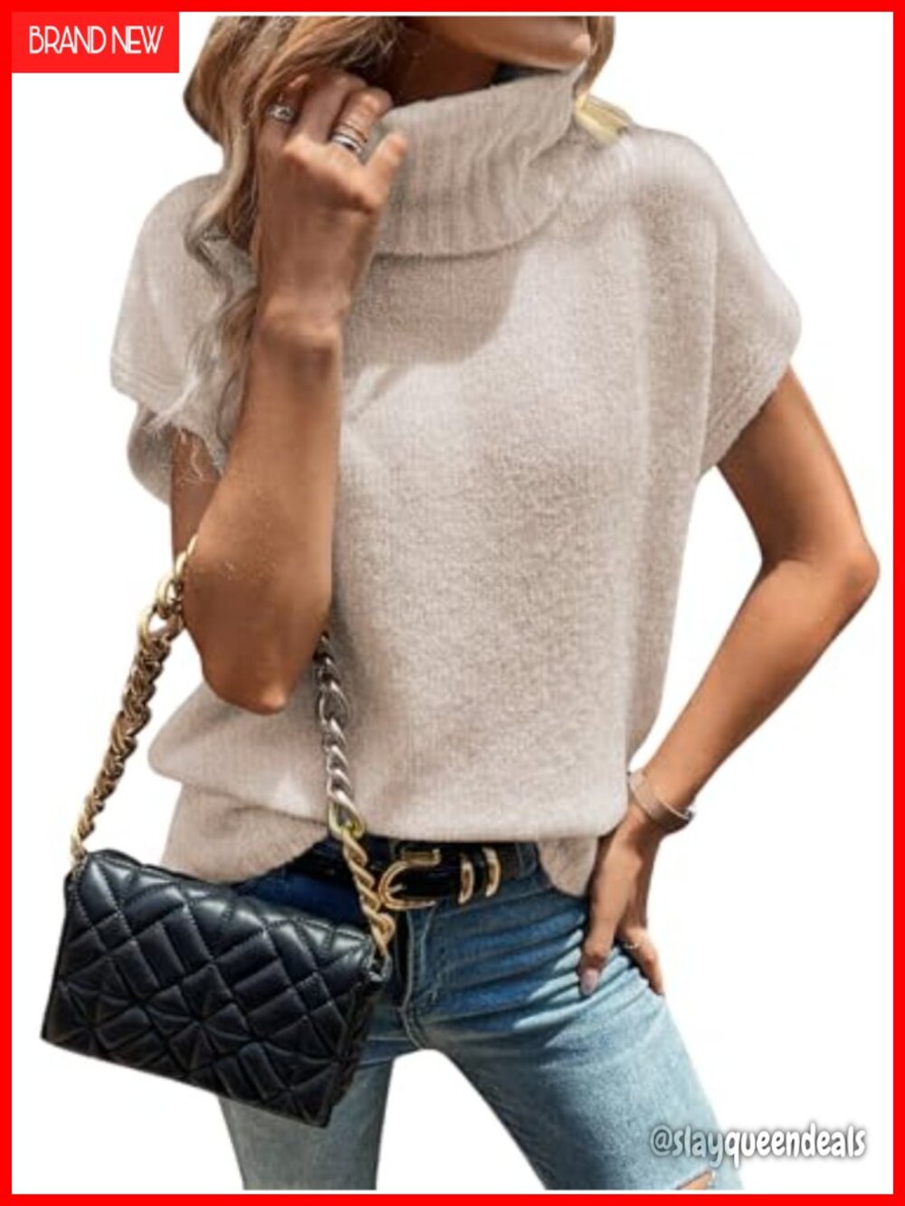 Oversized Turtleneck Cap Sleeve Sweater Vest Pullover Knit Top